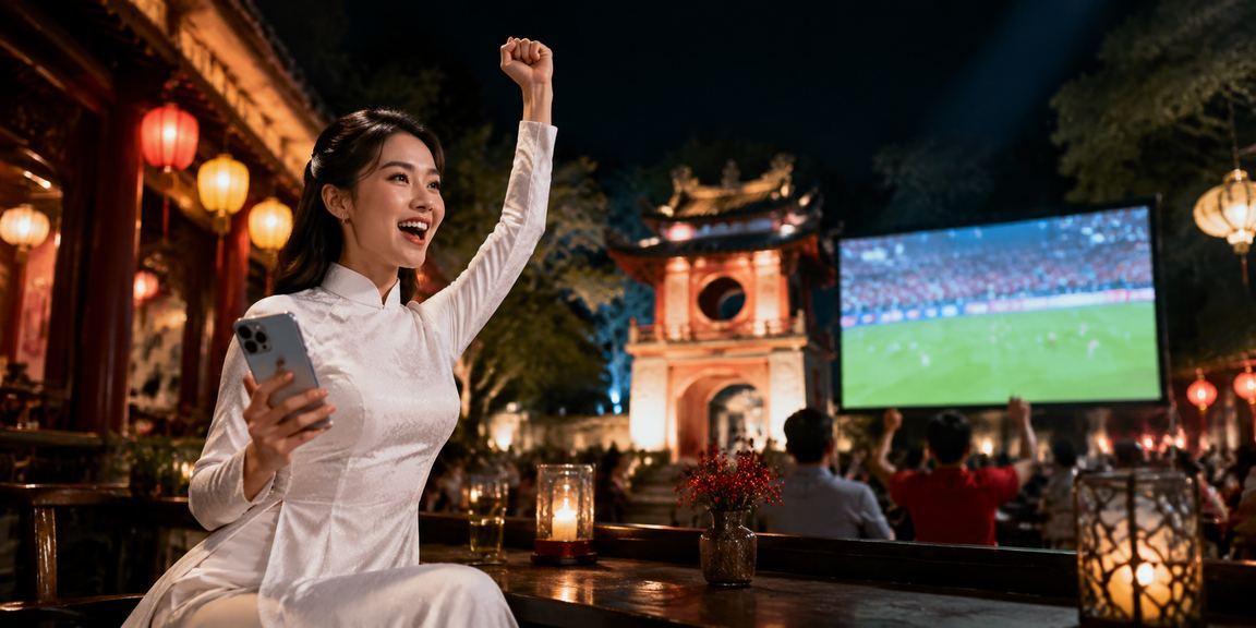 Người phụ nữ mặc áo dài Hà Nội sử dụng điện thoại tham gia casino và cá cược trực tuyến