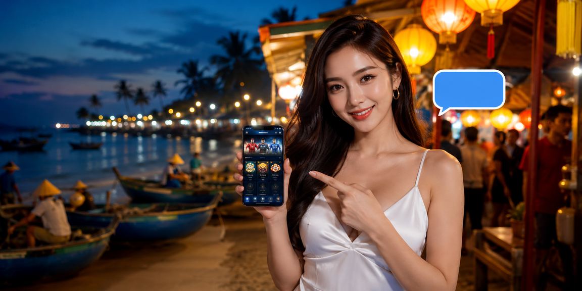 Khách hàng tại chợ đêm Mũi Né chơi casino trực tuyến trên điện thoại di động ban đêm